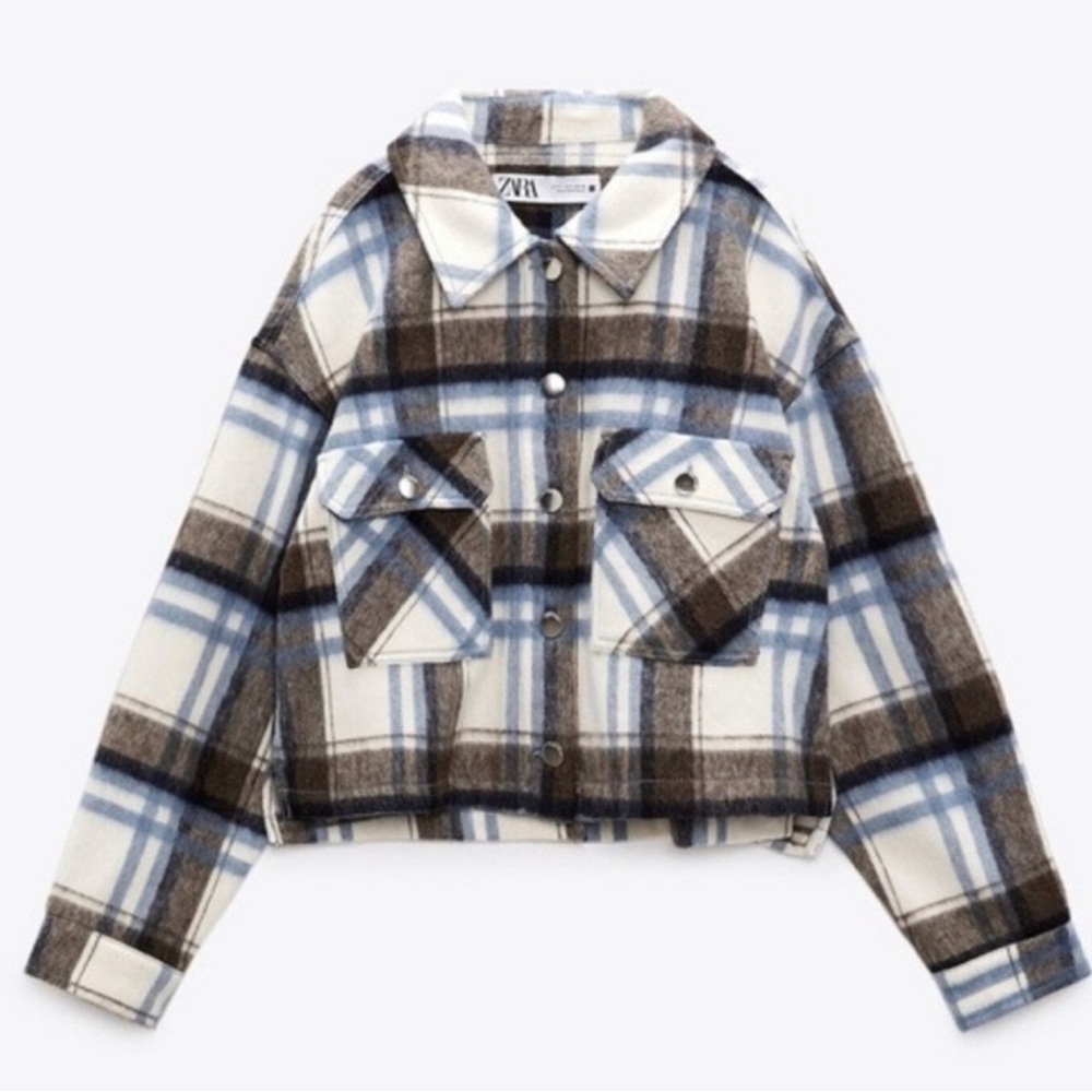 Zara Cropped Plaid Overshirt Flannel Motorcycle Checkered Jacket XS NWT
